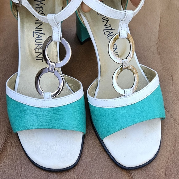Women's Yves Saint Laurent Turquoise White Leather Sandals Heels Sz 5.5 US - Picture 7 of 14